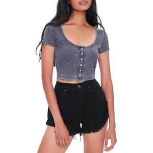 Forever 21 Women’s Button-Front Crop Top(Black)