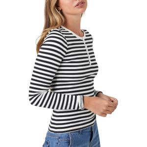 Forever 21 Women’s Striped Henley Top(Black)