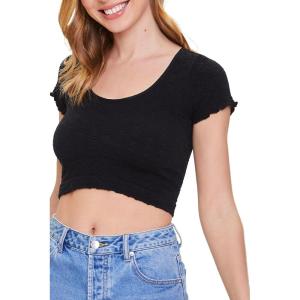 Forever 21 Women’s Textured Lettuce-Edge Cropped Tee(Black)