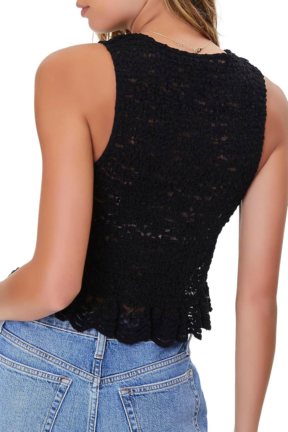 image:imageForever 21 Womens Floral Lace Scalloped TopBlack
