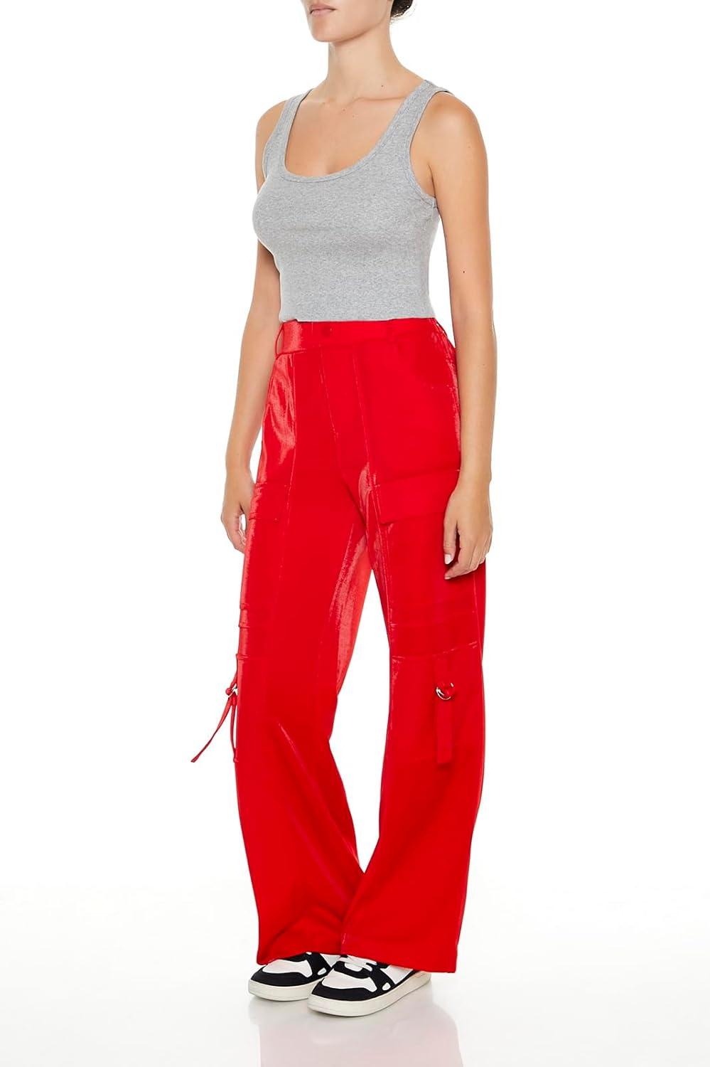 image:imageForever 21 Womens WideLeg Utility Cargo PantsHigh Risk Red