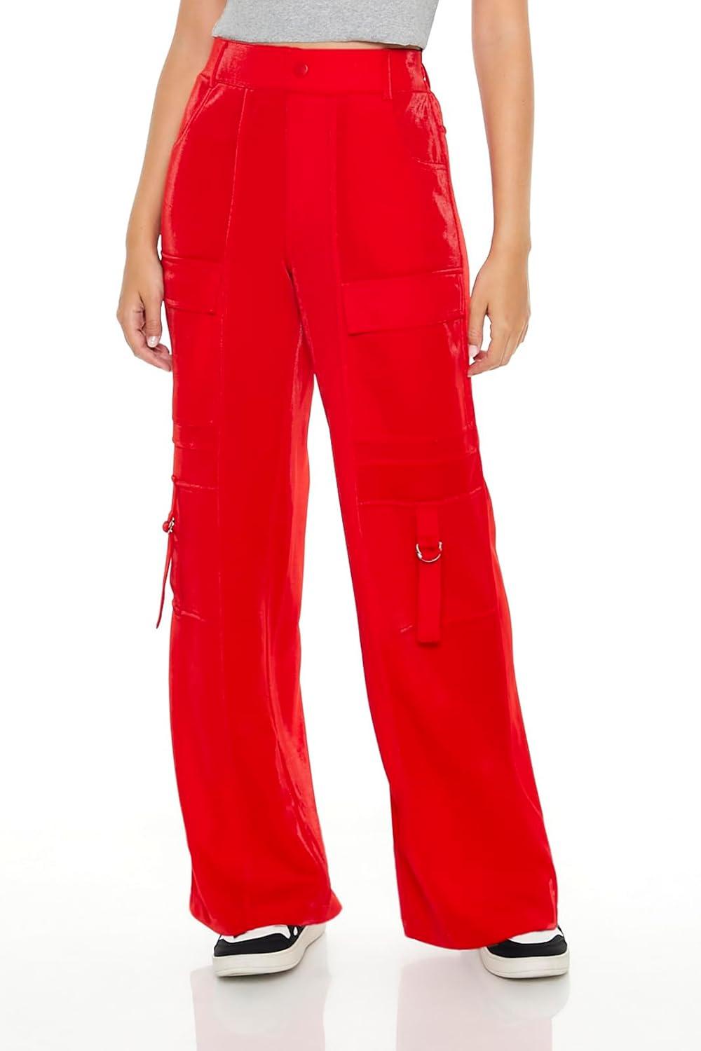 image:imageForever 21 Womens WideLeg Utility Cargo PantsHigh Risk Red