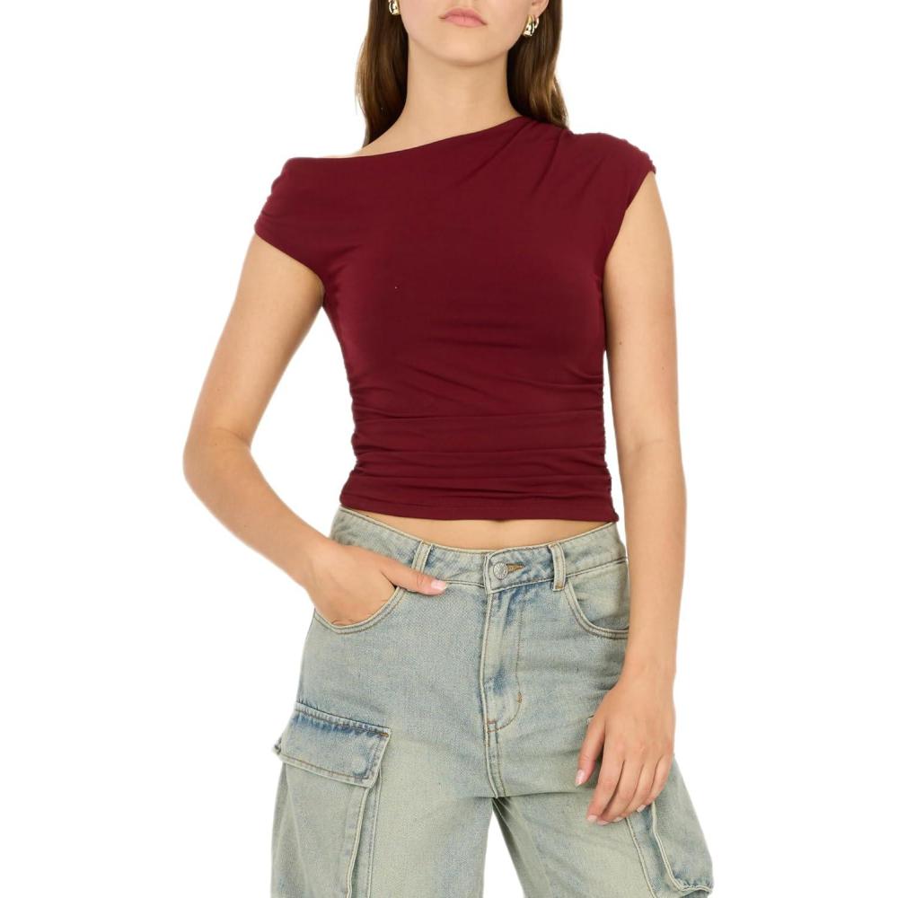 image:imageForever 21 Womens Asymmetric Ruched Crop TopBurgundy