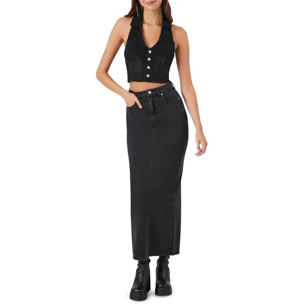 image:imageForever 21 Womens Denim Midi Slit SkirtWashed Black
