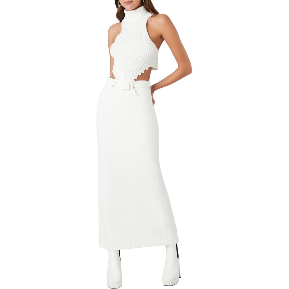 image:imageForever 21 Womens Denim Midi Slit SkirtWhite