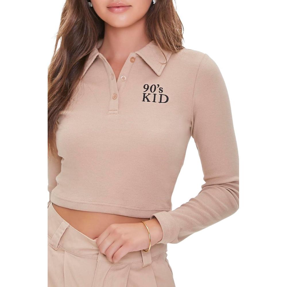 image:imageForever 21 Womens Embroidered 90s Kid Polo ShirtTaupe