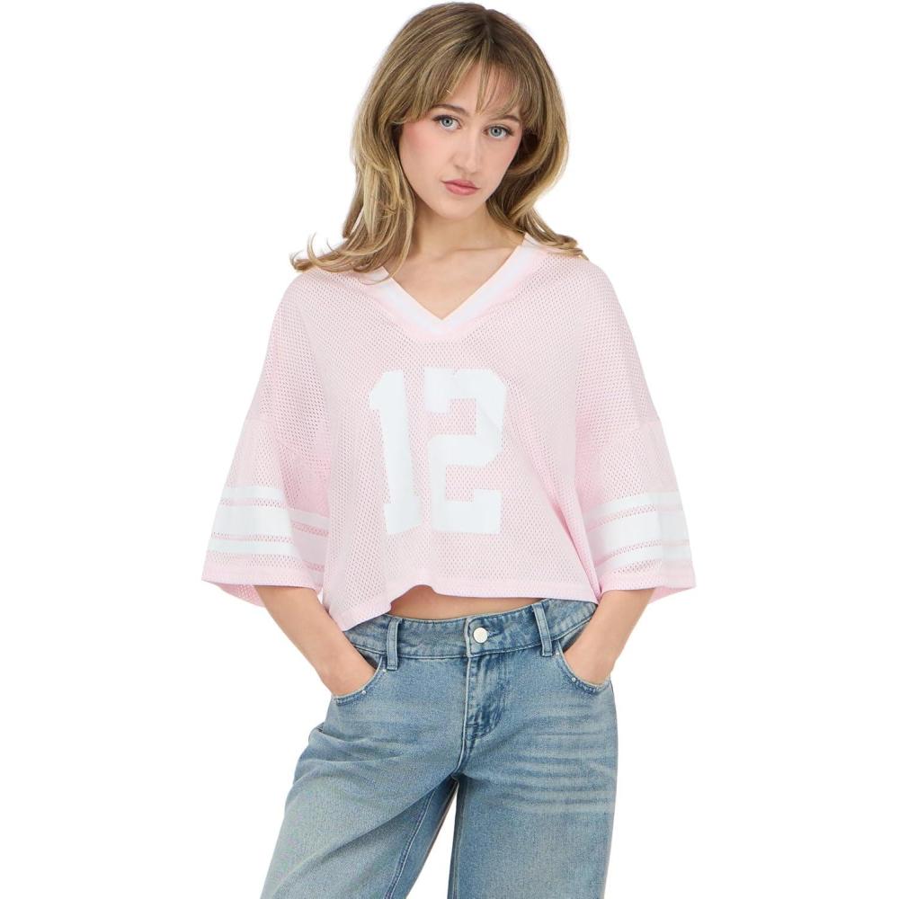 image:imageForever 21 Womens Mesh Cropped Boxy Football Tee with Screen GraphicsPink