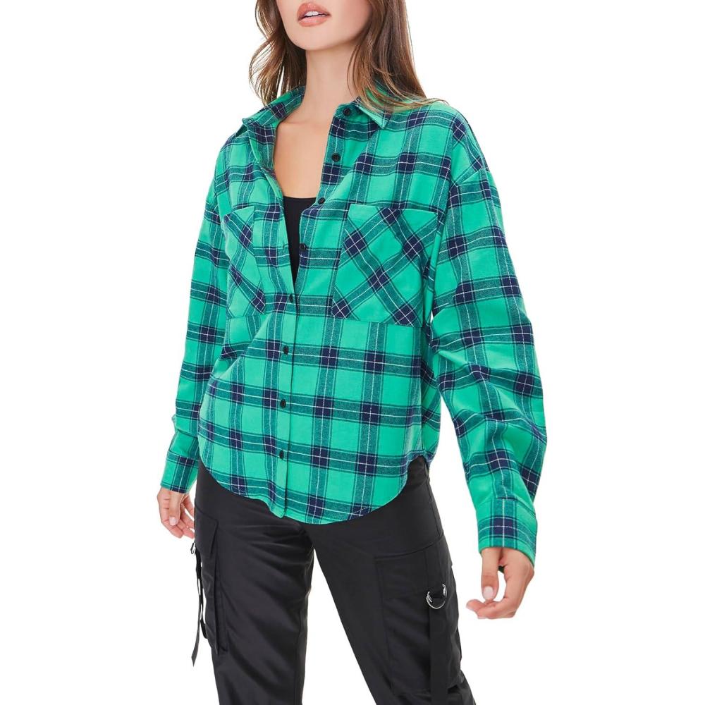 image:imageForever 21 Womens Plaid ButtonFront Flannel ShirtGreen