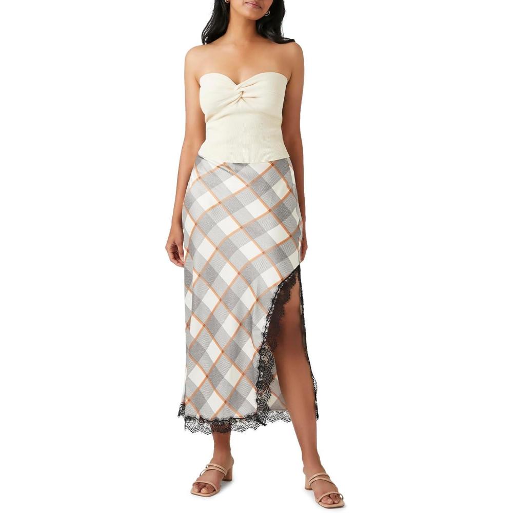 image:imageForever 21 Womens Plaid LaceTrim Maxi SkirtWhite