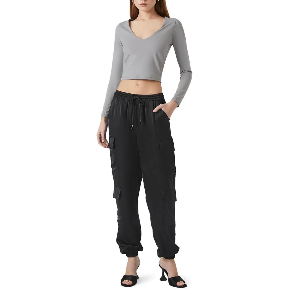 image:imageForever 21 Womens Satin MidRise Cargo PantsBlack