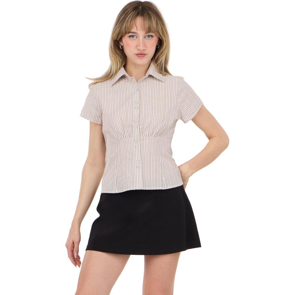 image:imageForever 21 Womens Short Sleeve Button Front Top with Smocked BackBrown