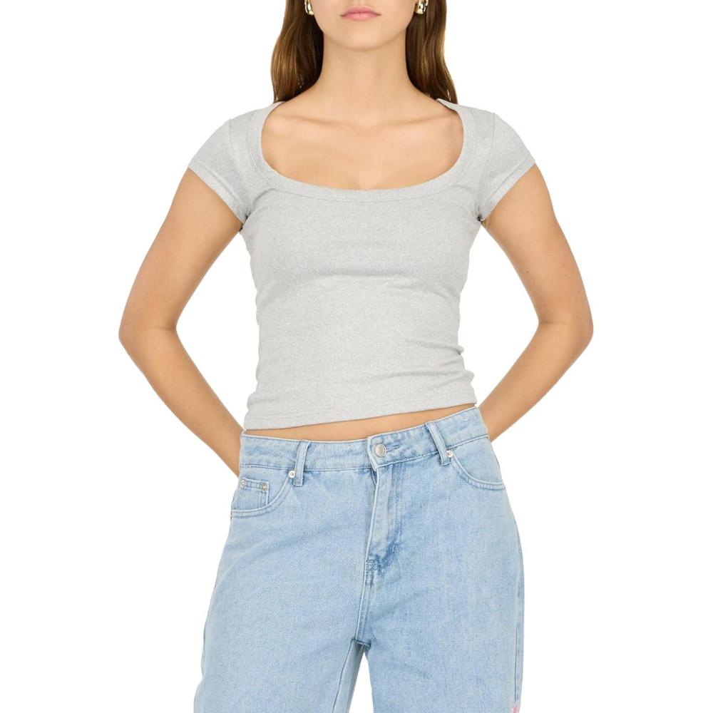 image:imageForever 21 Womens Short Sleeve Scoop Neck Fitted TopCloud Grey