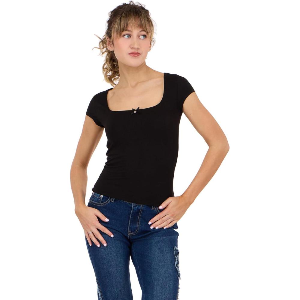 image:imageForever 21 Womens Short Sleeve Square Neck Cropped TShirt with CharmBlack