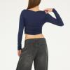 Forever 21 Women’s Long Sleeve Ruched Crop Top(Navy)