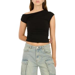 Forever 21 Women’s Asymmetric Ruched Crop Top(Black)