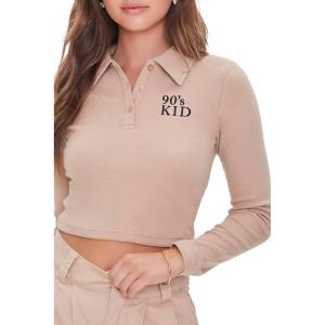 Forever 21 Women’s Embroidered 90s Kid Polo Shirt(Taupe)