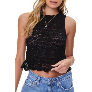 Forever 21 Women’s Floral Lace Scalloped Top(Black)