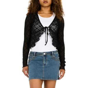 Forever 21 Women’s Lace Tie Front Shrug – Long Sleeve Sheer Cropped Cover-Up with Ruffle Hem(Black)