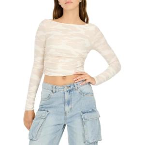 Forever 21 Women’s Long Sleeve Ruched Crop Top(Ivory Camo)