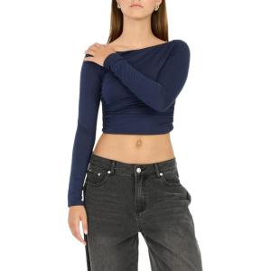Forever 21 Women’s Long Sleeve Ruched Crop Top(Navy)