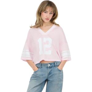Forever 21 Women’s Mesh Cropped Boxy Football Tee with Screen Graphics(Pink)