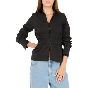 Forever 21 Women’s Poplin Button-Down Long Sleeve Shirt Collared Top with Self-Tie Back(Black)