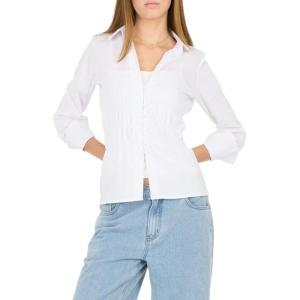 Forever 21 Women’s Poplin Button-Down Long Sleeve Shirt Collared Top with Self-Tie Back(White)