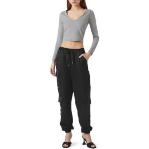 Forever 21 Women’s Satin Mid-Rise Cargo Pants(Black)