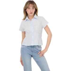 Forever 21 Womens Short Sleeve Button Front Top with Smocked Back(Blue)
