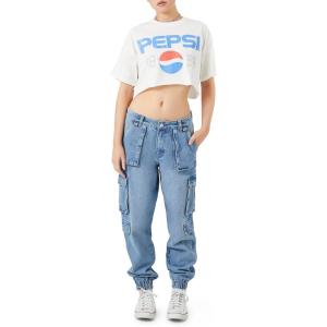 Forever 21 Women’s Stretch-Denim Cargo Joggers(Light Denim)