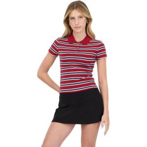 Forever 21 Women’s Stripe Cropped Polo Short Sleeve with Button Placket(Red)