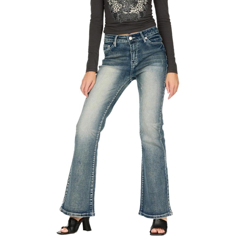 image:imageForever 21 Womens Flare Denim HighRise Slim Fit Stretch Jeans  Retro Y2k StyleDark Blue
