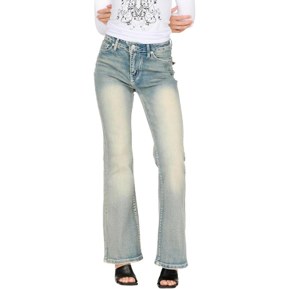 image:imageForever 21 Womens Flare Denim HighRise Slim Fit Stretch Jeans Retro Y2k StyleLight Blue