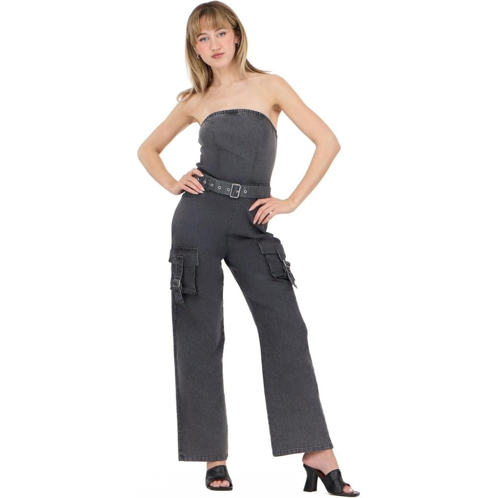 image:imageForever 21 Womens Strapless Cargo Denim Jumpsuit With BeltBlack