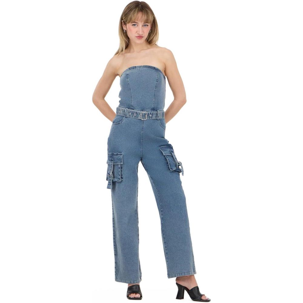 image:imageForever 21 Womens Strapless Cargo Denim Jumpsuit With BeltBlue