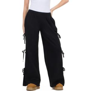 Forever 21 Women’s Wide Leg Jogger with Twill Bows Down the Side(Black)