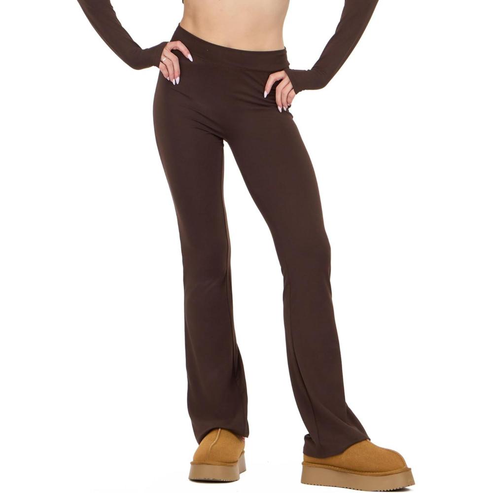 image:imageForever 21 Womens Flare Pants with Contrast Stitching High Rise Stretch Fit Casual Trend StyleBrown