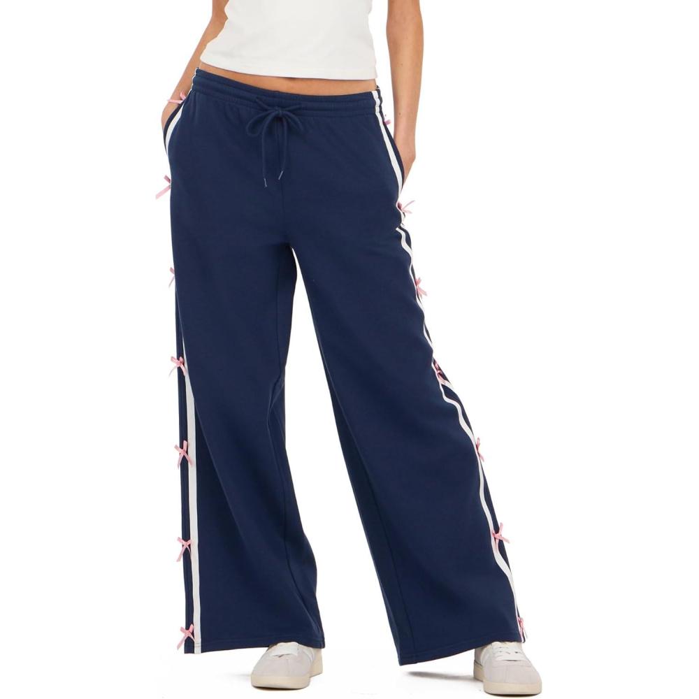 image:imageForever 21 Womens Fleece Wide Leg Printed Pant with Bow AppliqueNavy