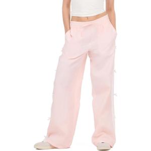 Forever 21 Women’s Wide Leg Pants with Side Stripes and Bow Details(Pink)