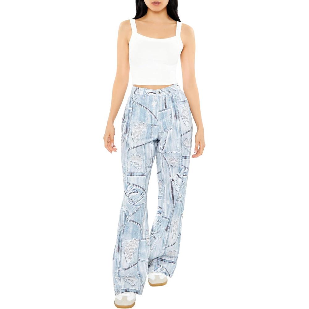 image:imageForever 21 Womens Distressed Denim Print JeansMedium Denim