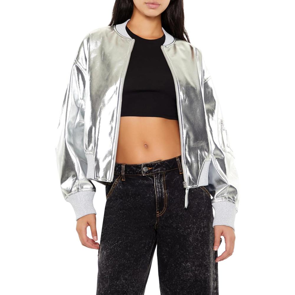 image:imageForever 21 Womens Metallic Zipup Bomber JacketSilver