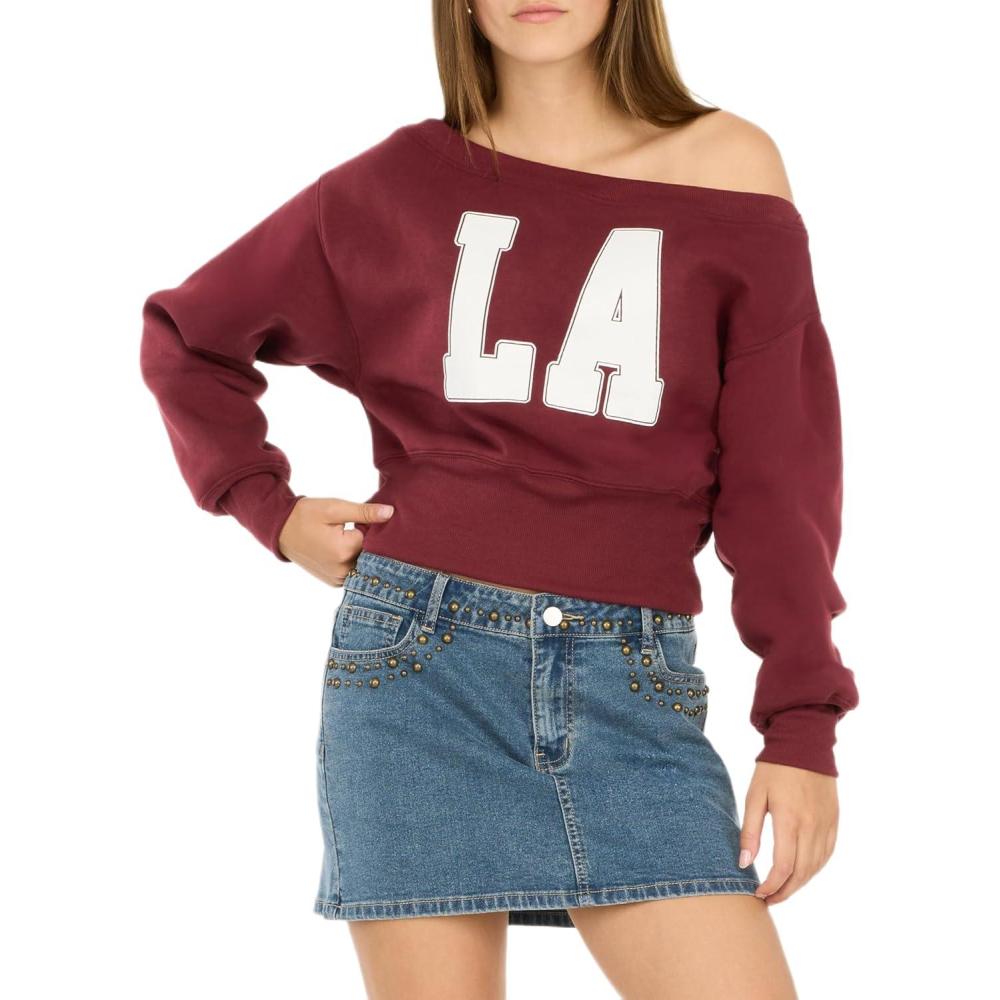 image:imageForever 21 Womens OffShoulder Fleece Sweatshirt Pullover Crewneck with Graphic Print Soft Brushed Polyester Slouchy Fit for Casual Streetwear Lounge and Everyday Style Burgundy Large