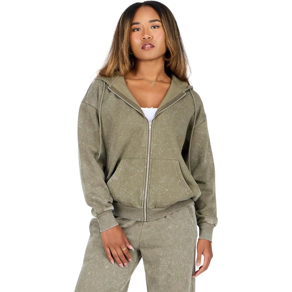 image:imageForever 21 Womens Oversized Zipup Enzyme Wash HoodieGreen