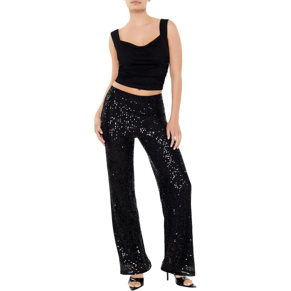 image:imageForever 21 Womens Sequin HighRise WideLeg PantsBlack