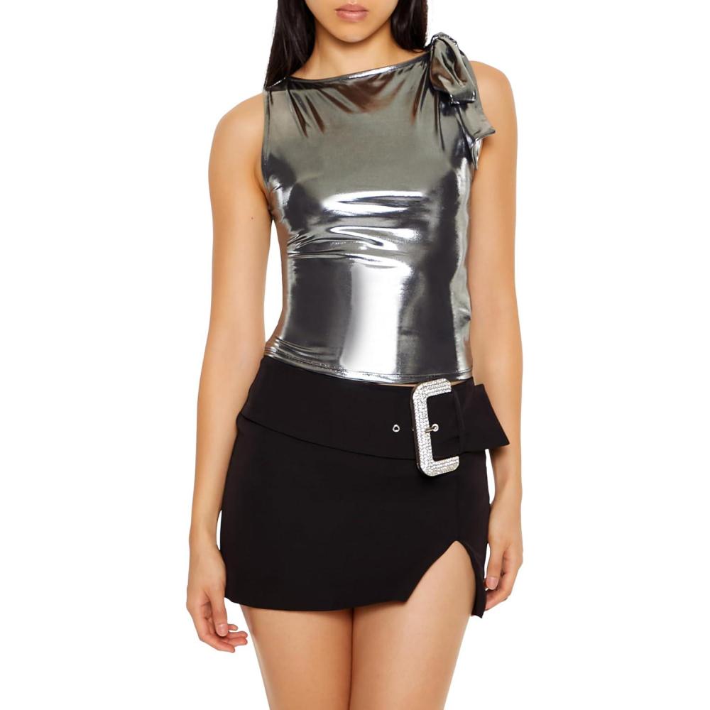 image:imageForever 21 Womens Sleeveless Metallic Bow Crop TopBlack