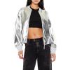 Forever 21 Women’s Metallic Zip-up Bomber Jacket(Silver)