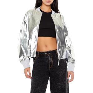 Forever 21 Women’s Metallic Zip-up Bomber Jacket(Silver)